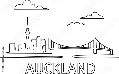Continuous line illustration of the Auckland skyline with the Harbor Bridge in a minimal elegant outline drawing