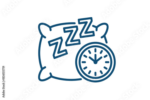 Sleep time icon with pillow and clock simple line vector symbol for rest and bedtime isolated on white background