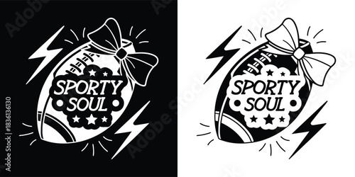 Stylized american football with a bow and text sporty soul surrounded by lightning bolts