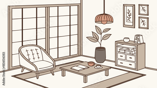 Minimalist hand-drawn living room interior illustration, featuring a cozy armchair, coffee table with book and cup, potted plant, wall art, and a large window, creating a tranquil domestic scene.