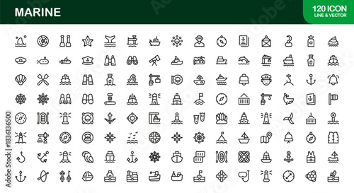 Marine Life Professional Line Icon Set Featuring Modern Minimal Vector Designs for Nautical, Ocean, and Sea Themed Projects