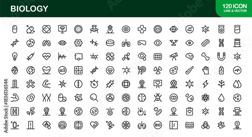 Biology Line Icon Set – Professional Modern Lab Symbols, DNA, Cells, and Scientific Research Icons in Minimal Outline Style