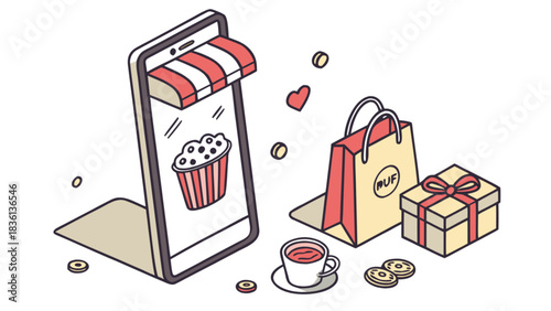 Online shopping concept with a smartphone showing a store awning and cupcake, alongside a shopping bag, gift box, coffee cup, and coins, representing modern retail and digital commerce.