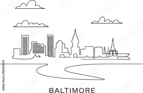 Continuous line illustration of the Baltimore skyline with a harbor curve in a minimal elegant outline drawing