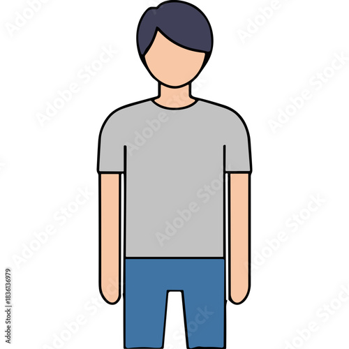 Full body illustration of a person with short dark hair wearing a grey t-shirt and blue jeans against a black background