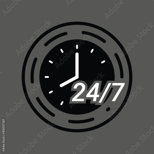 24/7 Clock Service Icon Dark Mode – Continuous Support Line Vector