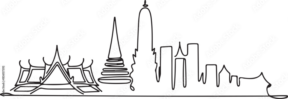 Fototapeta premium Continuous line illustration of the Bangkok skyline with a Chao Phraya River arc in a minimal elegant outline drawing