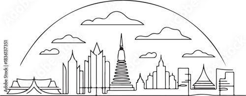 Continuous line illustration of the Bangkok skyline with a Chao Phraya River arc in a minimal elegant outline drawing