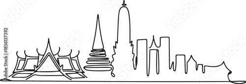 Continuous line illustration of the Bangkok skyline with a Chao Phraya River arc in a minimal elegant outline drawing