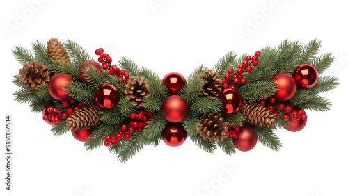 Festive horizontal Christmas garland made of fir branches, pinecones, red berries, and shiny red ornaments. Isolated on white or transparent background. PNG format.