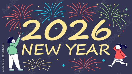 Happy new year 2026 greeting card design with cheerful children celebrating new beginnings, vibrant fireworks, sparklers, and festive starry night sky background.