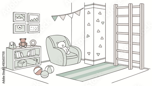 Children's playroom with pastel elements, featuring a comfortable armchair, toy shelf with books, teddy bears, a climbing wall, gymnastic ladder, and colorful balls for active fun and learning.