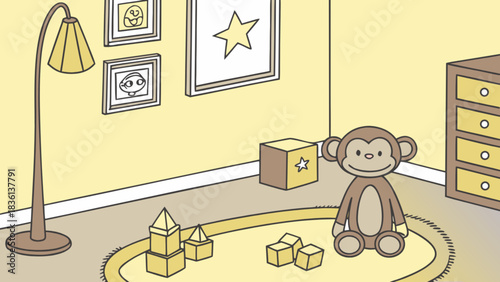 Cozy yellow children's room with a cute cartoon monkey plush toy, wooden building blocks, a stylish floor lamp, and framed pictures on the wall, perfect for childhood themes.