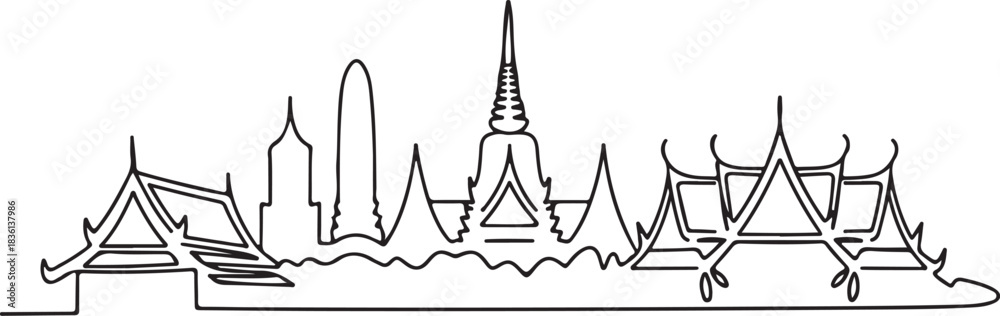 Obraz premium Continuous line illustration of the Bangkok skyline with a Chao Phraya River arc in a minimal elegant outline drawing