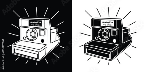 Retro instant camera illustration with reading and feeling text in a vintage sunburst design, shown in both black and white versions
