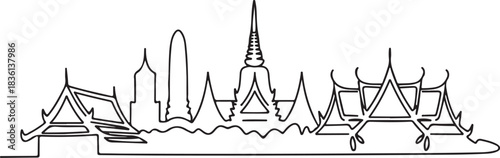 Continuous line illustration of the Bangkok skyline with a Chao Phraya River arc in a minimal elegant outline drawing