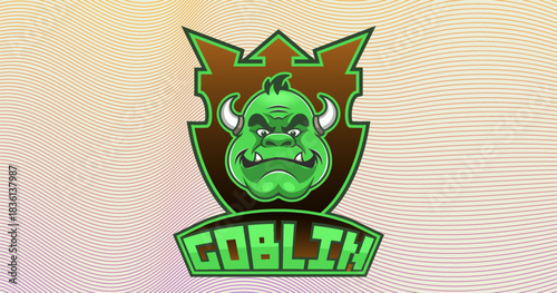 Vector cartoon gaming scary logo. Green horned ugly toon muzzle face, head. Shield and terrible brutal wild goblin. Sport team mascot. Shoulder patch. Logotype and emblem. Sticker