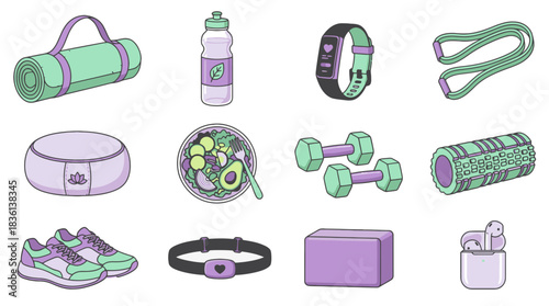 Inspiring wellness and fitness illustration with yoga mat, water bottle, salad, weights, headphones, and workout accessories for healthy lifestyle ads