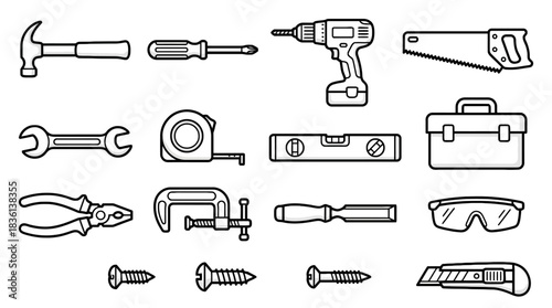 Essential tool collection perfect for DIY projects and home renovations, featuring hammer, drill, and more for all your construction needs