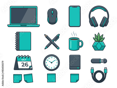 Organized workspace essentials for a productive day with laptop, calendar, and coffee, perfect for boosting focus and creativity in a modern office setting