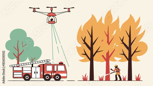 Drone technology and traditional firefighting methods combine to combat a raging wildfire, illustrating modern and conventional approaches to natural disaster management and emergency response.