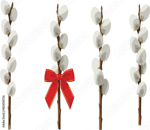Pussy Willow Branches Vector Set Red Ribbon Spring Decoration