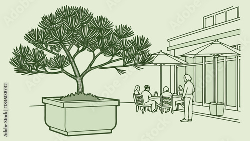 Outdoor cafe patio scene illustration with people enjoying drinks and conversation under sun umbrellas, a large potted tree in foreground, an urban leisure moment