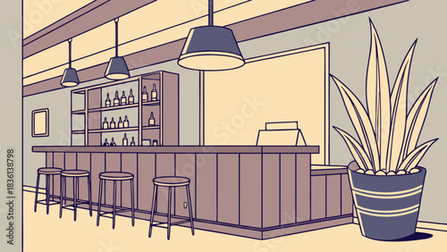 Illustrated empty bar interior with stools, bottles on shelves, and modern pendant lights. a stylish and inviting scene, ready for patrons, featuring a potted plant.