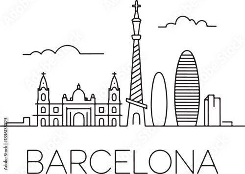 Continuous line illustration of the Barcelona skyline with Torre Glòries in a minimal elegant outline drawing