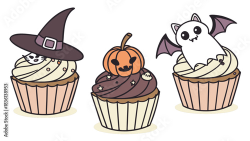 A trio of adorable halloween themed cupcakes, featuring a spooky ghost bat, a charming witch cat peeking under a hat, and a cute smiling jack-o-lantern pumpkin. great for holiday treats and parties.