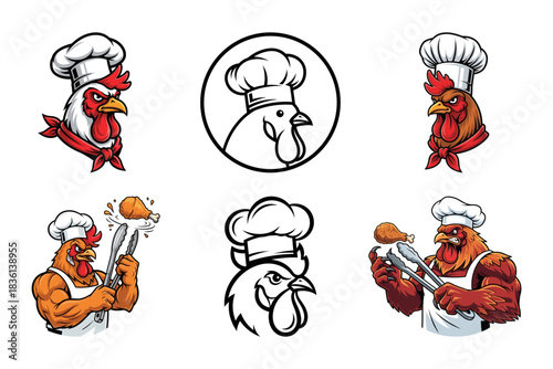 Chef Chicken Cartoon Mascot Character Design Set