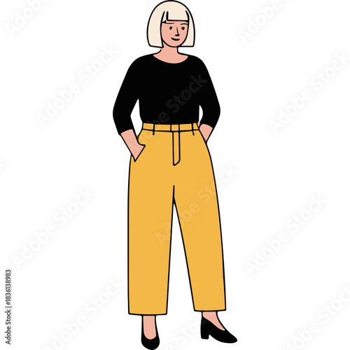 Full body illustration of a young woman with short blonde hair wearing a black long sleeve shirt and yellow high waisted trousers with hands in pockets standing against a black background