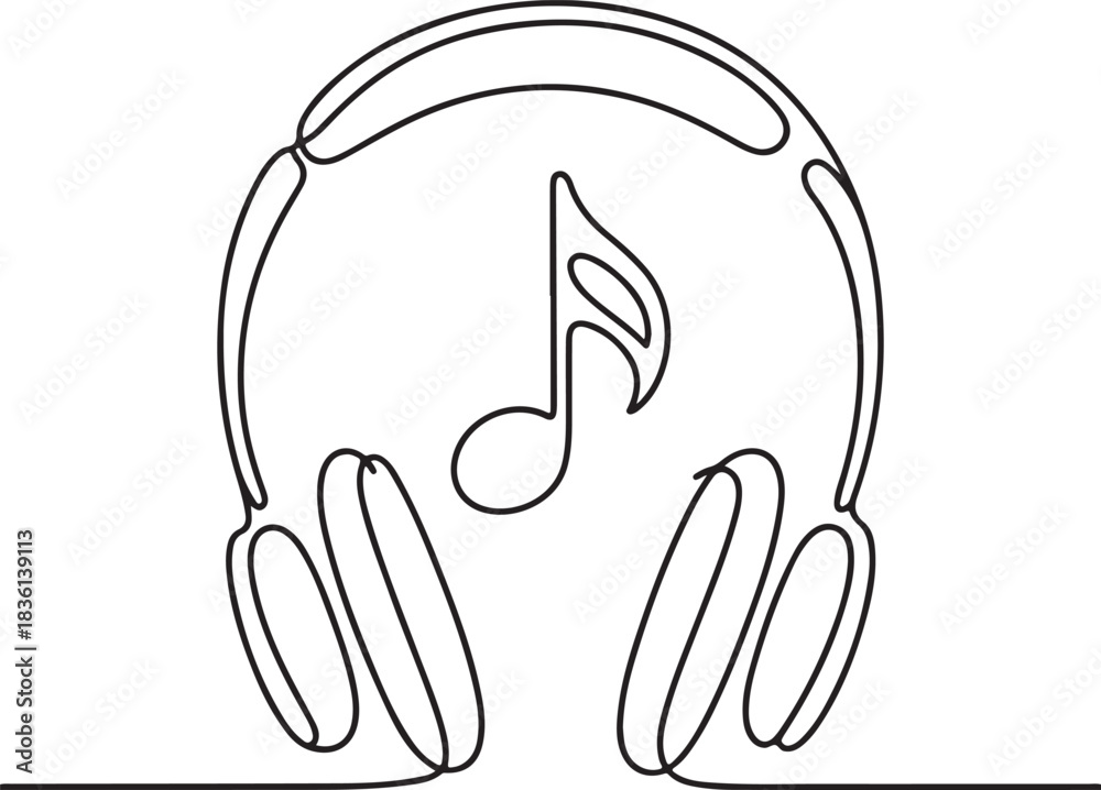 Obraz premium Continuous Line Art Illustration of Large Headphones with a Floating Note in Soft Sketch Contour
