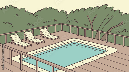 Outdoor swimming pool and wooden deck with three empty lounge chairs, surrounded by lush green foliage and a protective railing, symbolizing summer relaxation and tranquil vacation leisure time.