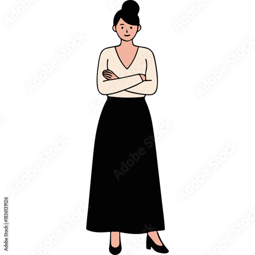 Full Body Portrait Of A Woman Standing Arms Crossed In A White Top And Black Skirt With A Serious Expression Isolated On Black Background