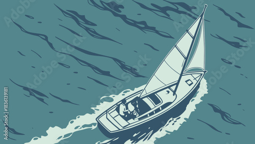 Overhead perspective illustration of a sailboat with a single person on board, actively navigating through calm blue waters, generating a frothy white wake.