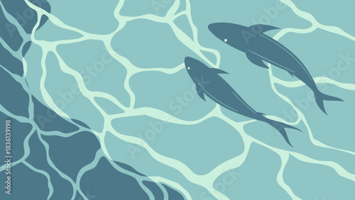 Stylized fish swimming in serene blue water with intricate light patterns. calm aquatic scene, minimalist illustration for ocean, marine, wildlife themes, and nature designs.