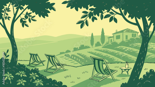 An illustration of a serene countryside scene with green rolling hills, a distant house, vineyards, and three empty lounge chairs under a tree, depicting a peaceful holiday or rural retreat