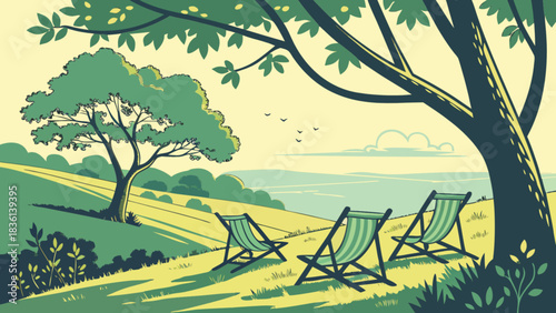 Relaxing outdoor scene with three empty striped deck chairs under a large shade tree on a grassy hill, overlooking a peaceful natural landscape with distant rolling hills and a clear sky.