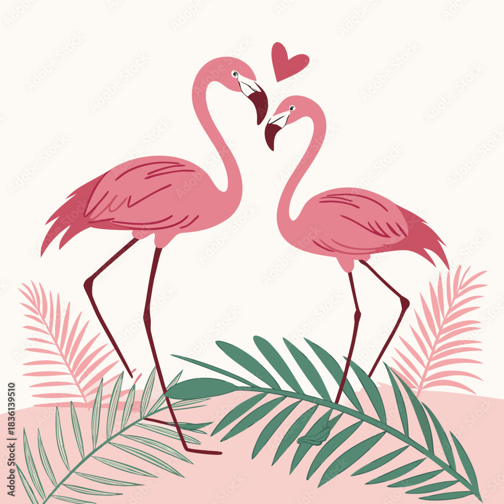 Fototapeta premium Cute Pink Flamingos with Heart and Leaves Illustration
