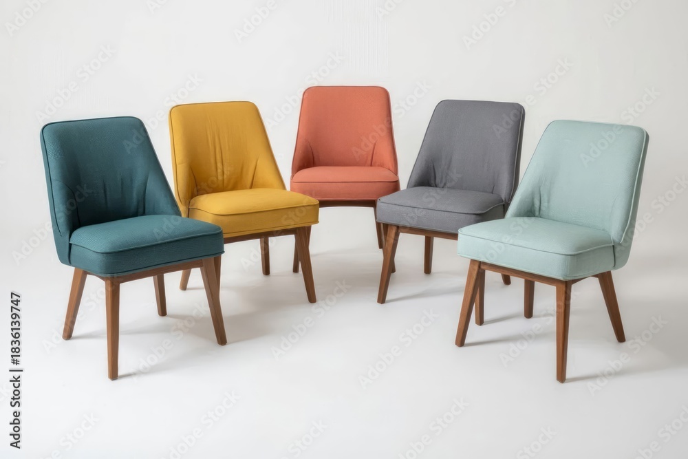 Obraz premium Modern chairs with soft upholstery in different colors – minimalist furniture design on a white background. AI generated. 
