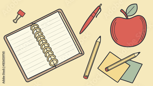 School supplies and office stationery flat lay illustration with open spiral notebook, red apple, pen, pencil, binder clip, and sticky notes for education or workspace concept.