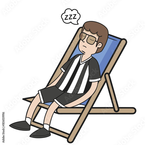 Cartoon man in striped shirt napping peacefully in a deck chair on a sunny day
