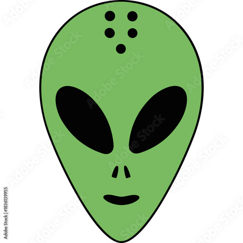 Green Alien Head with Large Black Eyes and Three Dots on Forehead Against Black Background Minimalist Flat Design Vector Illustration