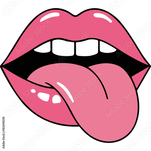 Glossy Pink Lips Tongue Out Mouth Open Sensual Emotion Expression Bold Color Vibrant Isolated Black Background Graphic Design Element Symbol of Playfulness and Audacity