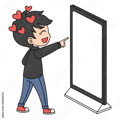 Joyful child points at a blank screen surrounded by floating hearts