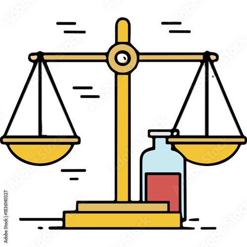 Golden Balance Scale with Red and Blue Liquid Vial on Black Background Symbolizing Justice and Legal Weighing Options