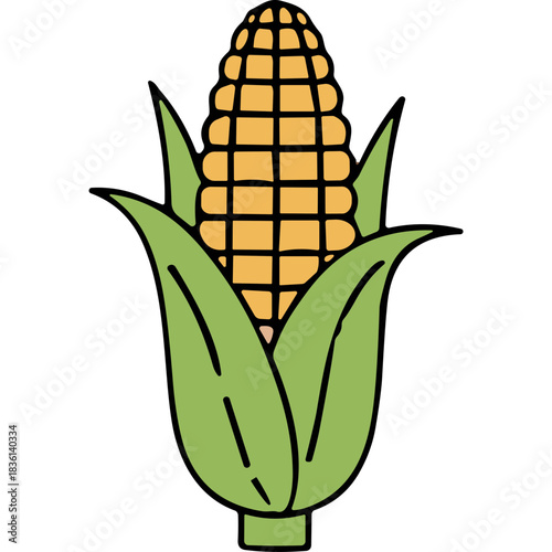 Golden Corn Cob with Green Leaves Isolated on Black Background Simple Flat Icon Vector Illustration Representing Healthy Food and Agriculture