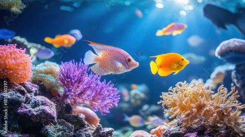 Fototapeta Naklejka Na Ścianę i Meble -  Vibrant Coral Reef and Tropical Fish: A vivid underwater scene showcases a kaleidoscope of colorful tropical fish swimming among diverse coral formations.