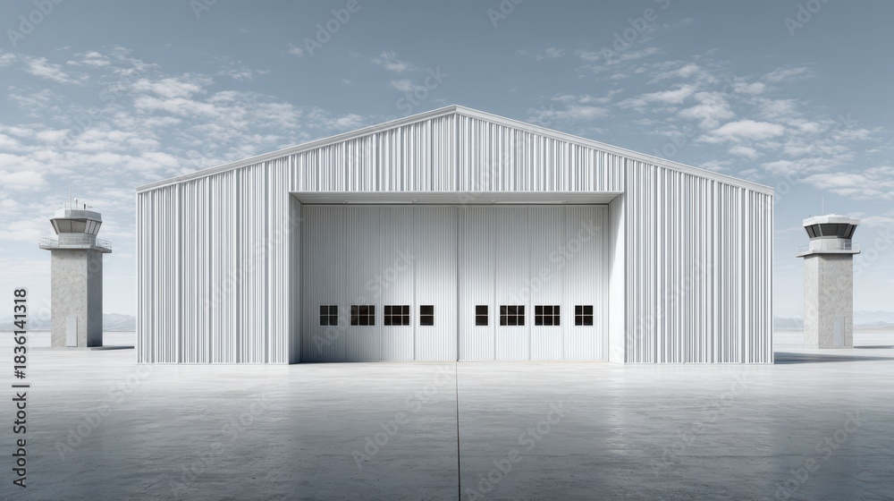 Fototapeta premium Modern Industrial Facade: A sleek, expansive industrial building under a vast cloudy sky, emphasizing minimalist design and architectural clarity.